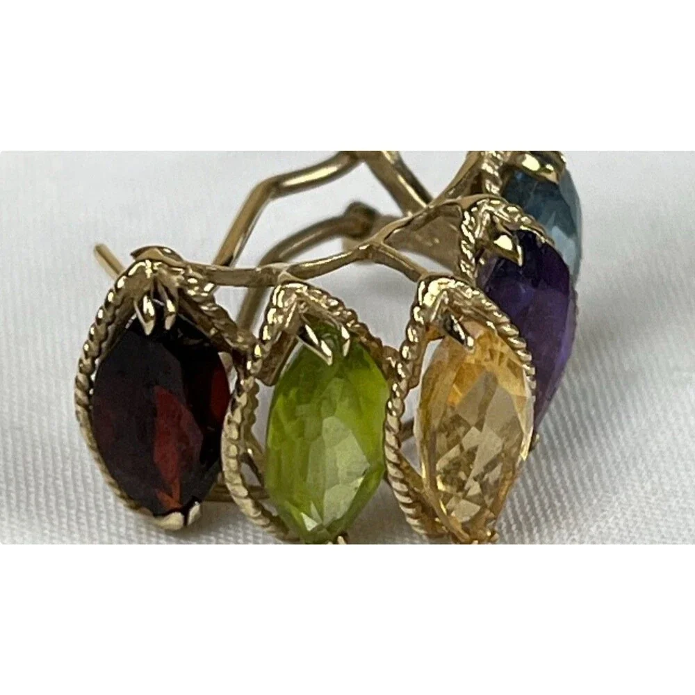 PTJ 14k YELLOW‎ GOLD GARNET, PERIDOT, BLUE TOPAZ, AMETHYST & TOPAZ HOOP EARRINGS